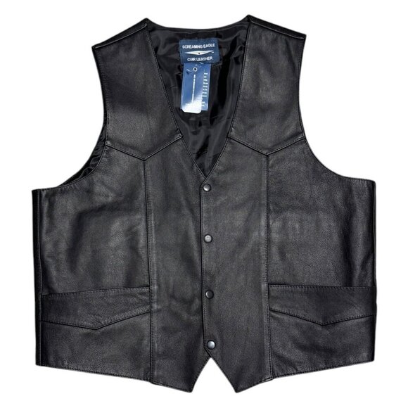 NWT SCREAMING EAGLE Genuine Leather Motorcycle Biker Black Vest Mens 2XL - Picture 1 of 5